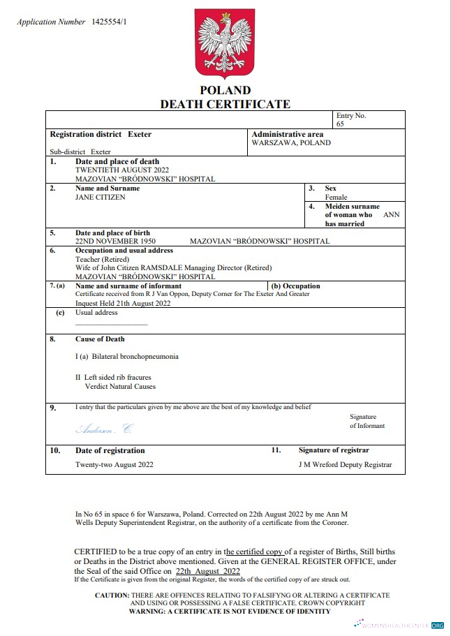 Download Poland death certificate Word and PDF template Photoshop template